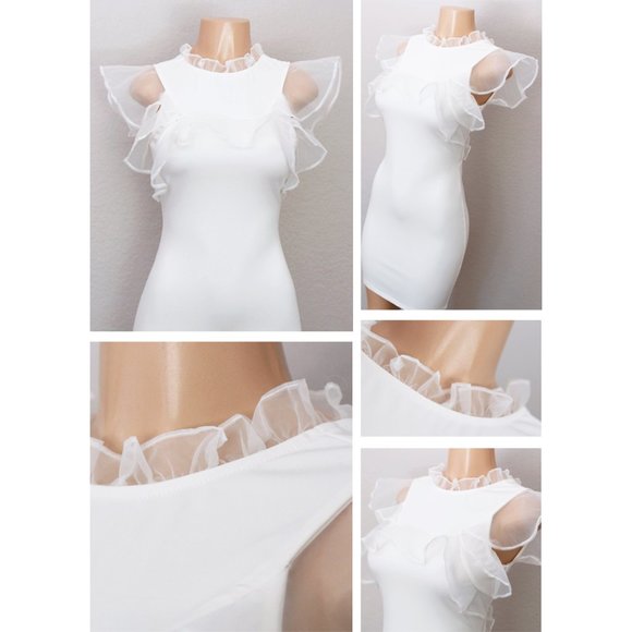 White Sheer Organza Ruffle Laced Up Backless Dress - Picture 4 of 8